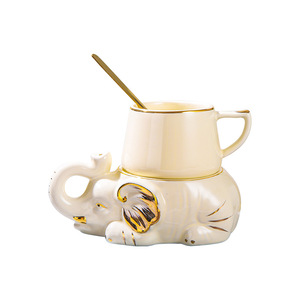 Tasse à café et soucoupe en céramique de style européen, créatives et simples, pour la maison, l'hôtellerie et la restauration, ensemble thé et café en forme d'éléphant, coffret cadeau coloré - Product Image 3