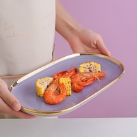 Vente en gros de bols en céramique nordiques de couleur violette avec bordure dorée, assiettes en porcelaine, vaisselle de luxe, ensemble de vaisselle en céramique