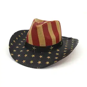 Cappello da Cowboy di paglia di carta da uomo di alta qualità Usa bandiera americana pittura Unisex tesa a righe Sombreros bandiera degli stati uniti cappello di paglia da Cowboy del Texas