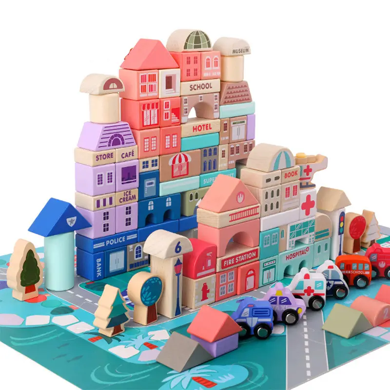 Kinder Lernspiel zeug 115 Stück niedlichen Stadtverkehr Macarons Gebäude Holzblöcke Puzzle Spiel blöcke Spielzeug für Kinder
