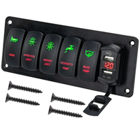 Panel Saklar Rocker Marine 5 Gang Tahan Air dengan Voltmeter & Pengisi Daya Mobil USB, Saklar Rocker 12V untuk Kapal dengan Laser Etched dan Lampu Penerang ON/OFF