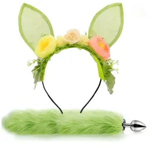 Faux Fur Fox Tail Anal Plug with Floral Bunny Ears Headband Couples Sex Fun Sex Toys Sets Fox Cosplay for Couples