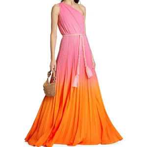 New Style Women Custom One Shoulder Neckline Belt Colorblocked Gown Classic Elegant Soft Chiffon Maxi Evening Dress For Ladies