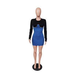 Nuovi Abiti Mini in Denim Patchwork <span class=keywords><strong>di</strong></span> <span class=keywords><strong>Tendenza</strong></span>, Eleganti e Casual, Vestiti Aderenti Sexy per l'Autunno, <span class=keywords><strong>Abbigliamento</strong></span> Femminile - Product Image 3