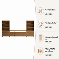Meuble TV mural modulaire Japandi 141,7 pouces, console multimédia en bois avec étagères latérales, boutons dorés, luxe