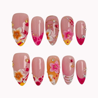 Ongles en acrylique à presser 3D, motif floral rose et blanc, ligne dorée, strass, peints à la main, personnalisables, forme amande, longueur moyenne, 10 pièces
