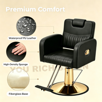 Fauteuil de barbier de luxe noir et or, inclinable, hydraulique, en acier inoxydable, siège réglable en hauteur, mousse haute densité