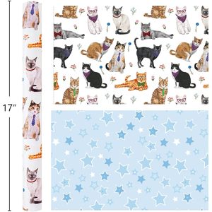 กระดาษห่อของขวัญลายแมวขาว 17 นิ้ว x 16.4 ฟุต แบบสองด้านลายดาวสีน้ำเงิน สำหรับวันเกิด วันวาเลนไทน์ วันแม่ วันรับปริญญา - Product Image 3