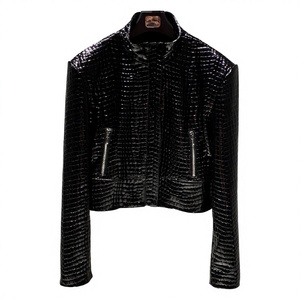 Chaqueta de Motociclista de Cuero Negro Repujado, Manga Larga, Cierre de Cremallera, Cuello Alto, Corta, Estilo Biker para Mujer, Ropa de Otoño - Product Image 1