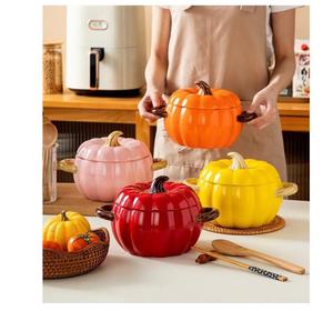 Tazón de cerámica para sopa con forma de calabaza, con tapa y asas, tamaño grande, tazón creativo para el hogar, para sopa, fideos, resistente al calor - Product Image 5