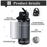 Bouteille d'eau sport en acier inoxydable à double paroi avec logo personnalisé, 18 oz, 32 oz, revêtement en poudre, avec bec verseur et couvercle à poignée