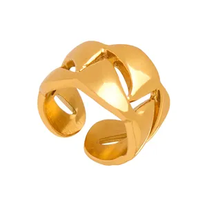 European Geometric Hollow Fashion Design Simple Personality Opening Light Luxury Style Titanium Steel 18k Gold Plated Ring