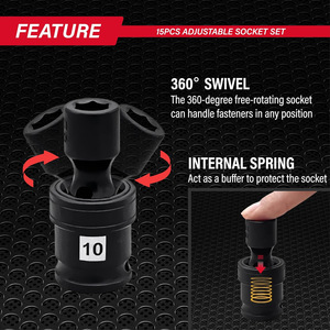 Universal <b>Impact</b> <b>Socket</b> Set 15Pcs 3/8 In Drive Metric 8-22mm Shallow Swivel Automotive Repair - Product Image 3