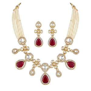 Ensemble de collier en argent 925 avec pierre rouge rubis traditionnelle, pierres en cristal rouge taille poire et collier de perles d'eau douce pour femmes - Product Image 1