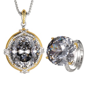 Parure élégante de bijoux fantaisie en cuivre écologique avec sertissage clos, zircon coloré bleu-vert 18 mm, collier et bague assortis - Product Image 1