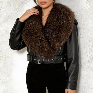 OFTBUY Manteau de luxe en fourrure naturelle de mouton de Mongolie pour <span class=keywords><strong>femme</strong></span>, veste courte en similicuir PU pour printemps-automne, style motard épais - Product Image 3