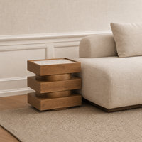 Table d'appoint de luxe pour salon en travertin et bois de chêne, table d'appoint carrée à niveaux empilables, personnalisable OEM ODM