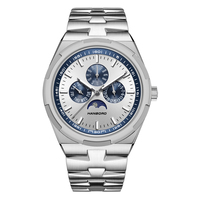 Montre multifonctionnelle sportive à phases lunaires, acier inoxydable de haute qualité, cadran bleu 42 mm, mouvement mécanique, résistance à l'eau 5 BAR