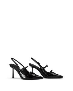 High Fashion <b>Black</b> Patent Leather Slingback <b>Pumps</b> Pointed-Toe Sparkling High-Heels with Breathable Rhinestone Buckles for Autumn - Product Image 4