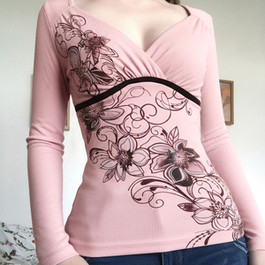 Camiseta de Moda para Mujer, Estilo Vintage, Cuello en V, Ajustada, Estampada, Color Rosa, Informal, para Otoño e Invierno, Estilo Femenino - Product Image 2