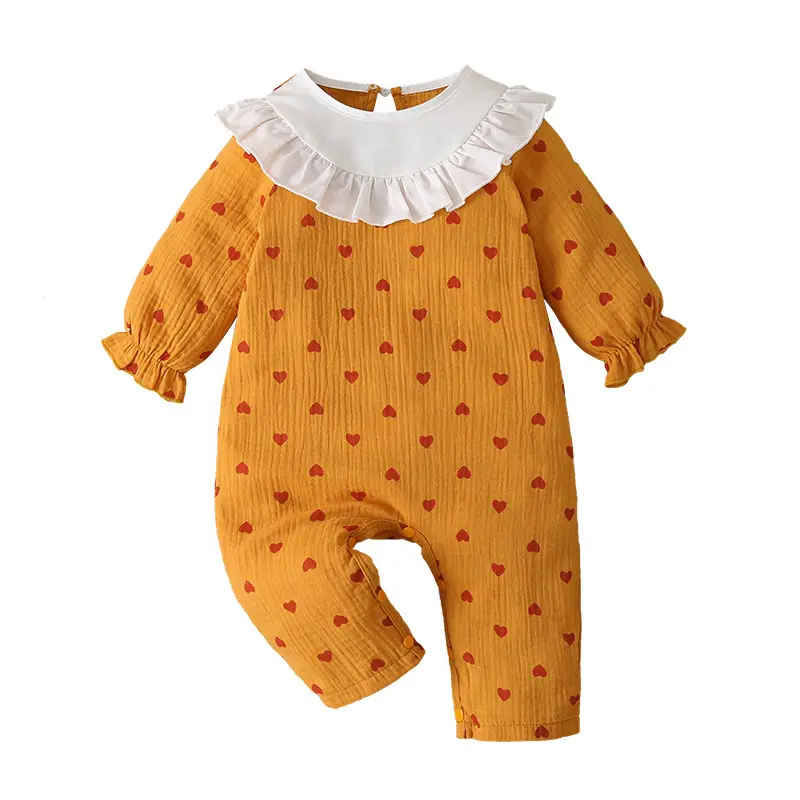 Thiết Kế Mới Bé Gái Hữu Cơ Muslin Cotton Dài Tay Với Ruffle Romper Cổ Áo Xếp Li Cổ Áo Đỏ Tim In Bé Bodysuit