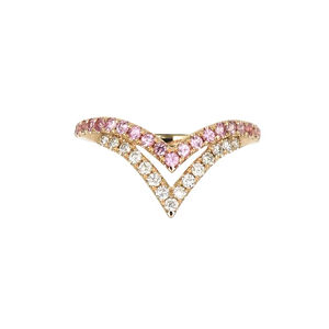 แหวนทองคำ 18K สีเหลืองรูปตัววีคู่ ประดับไพลินสีชมพูและเพชรแบบฝัง ดีไซน์หรูหราสำหรับผู้หญิง - Product Image 1