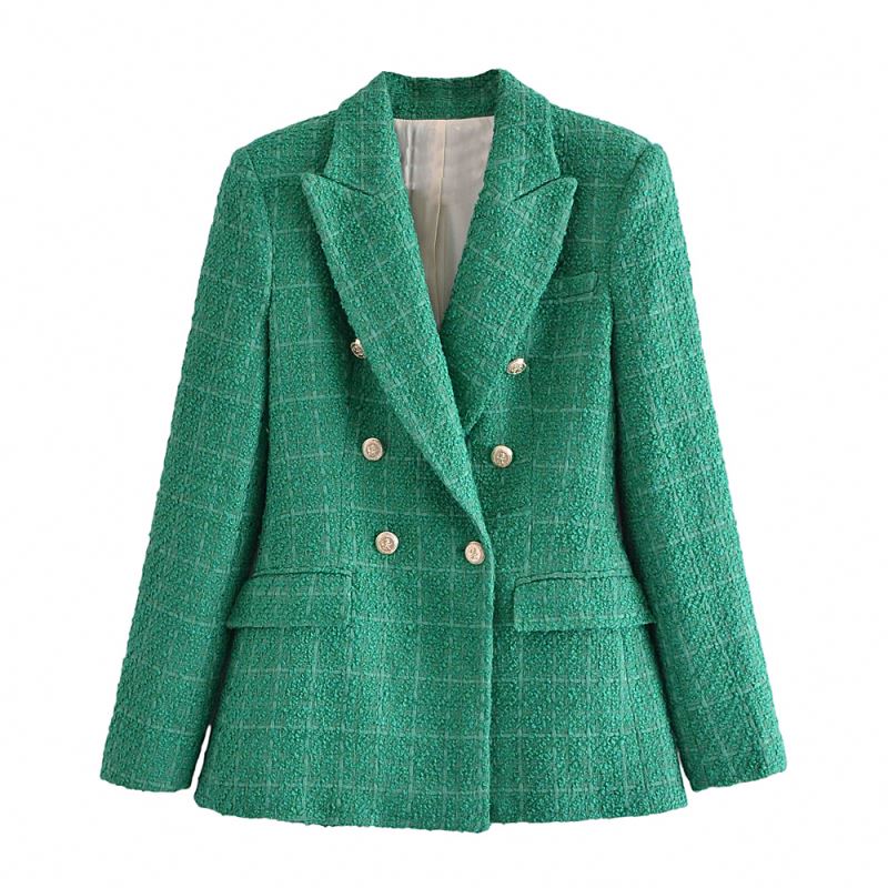 High quality elegant style 2 color double breasted long sleeve notched collar casual tweed ladies blazers for women