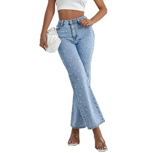 Jeans en denim personnalisés pour femmes, coupe droite, taille haute, extensibles, évasés, style bootcut, avec perles, vente en gros - Product Image 2