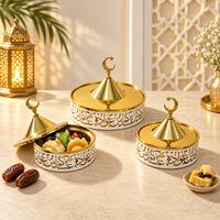 Plat à bonbons Ramadan, Décoration de table islamique pour l'Aïd, Contenant à friandises, Bol couvert avec couvercle en forme de dôme croissant de lune et étoile, Ornement doré