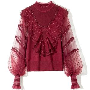 I più nuovi maglioni stile moda 2023 primavera estate autunno top donna <span class=keywords><strong>Tulle</strong></span> <span class=keywords><strong>maglia</strong></span> ricamo Deco manica lunga rosso nero bianco top - Product Image 1