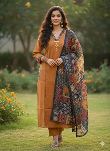 Ensemble Salwar Kameez en coton orange pour femmes, vêtements décontractés traditionnels indiens et pakistanais, coupe ample, longueur cheville, imprimé - Product Image 3