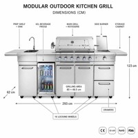 Cuisine extérieure avec barbecue à gaz en acier inoxydable, 5 brûleurs, brûleur latéral, évier, réfrigérateur, rôtissoire