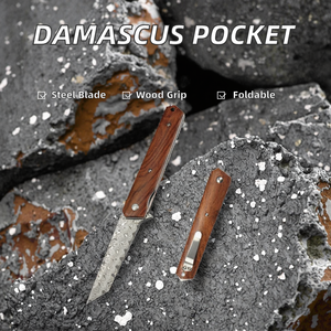 Couteau de poche pliable pour le camping en plein air, lame en acier de Damas, manche en bois, OEM - Product Image 2