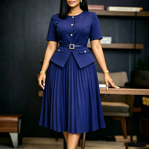 2026 Trendy Summer Career Dresses Women Lady Elegant O- Neck Single-breasted Two Piece Illusion Pleated Casual Dresses With Belt - Product Image 6
