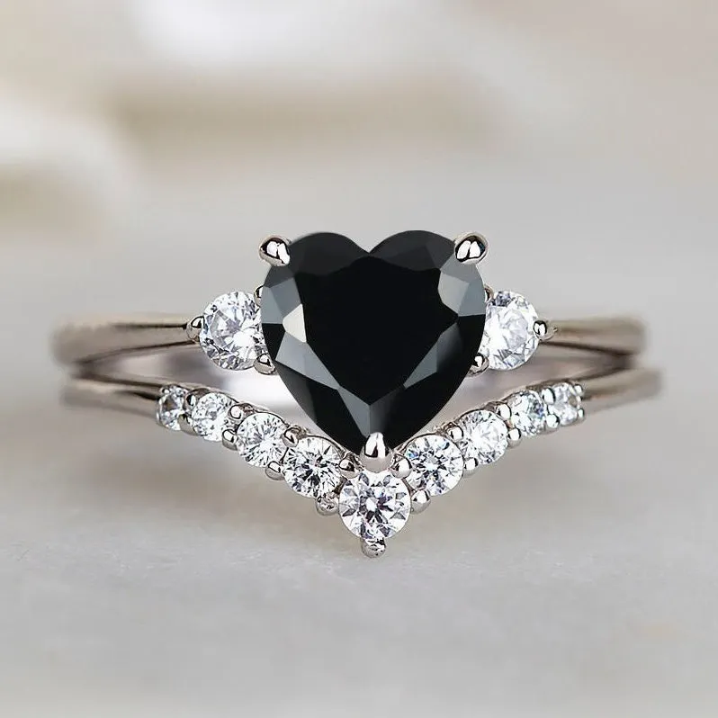 Bague en argent sterling 925 avec VVS Black Heart Moissanite Wedding Ring Sets pour femme