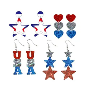 Hot Sell Heart Star USA Earrings Independence Day Red White Blue Stripes Earrings Acrylic Earrings For Women