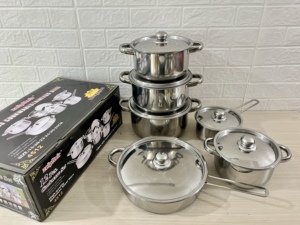 ชุดเครื่องครัวสแตนเลสเยอรมันแบบเป็นมิตรกับสิ่งแวดล้อม 12 ชิ้น ขายส่ง ประกอบด้วยกาต้มน้ำ หม้อซุป กระทะทอด และอุปกรณ์ทำอาหาร - Product Image 4