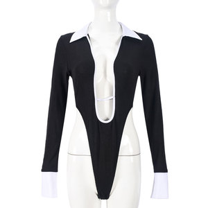 Combinaisons sexy à col châle et panneaux, style streetwear féminin, automne, skinny, décolleté plongeant en V, manches longues, dos nu - Product Image 3