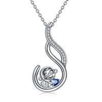 Joyería Fina, Collar con Colgante de Mono Animalito Adorable con Corazón Azul de Plata de Ley 925 y Circonita