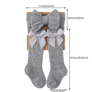 Ensemble chaussettes tricotées à nœud et bandeau pour nouveau-né fille, style vintage automne, mi-mollet, antidérapantes, pour ramper, accessoires de photographie - Product Image 3