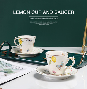 Exquisite Lemon Fruit Design Yellow Ceramic Tea <b>Cups</b> & Saucers for Coffee or Tea - Product Image 2