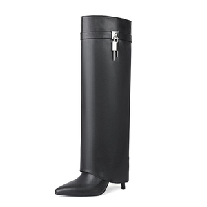 Thin High Heel Pointed Toe Overlay Shoes Dress Stiletto Pants Lock Boots Women's Folded Over Metal Decor Knee High <b>Booties</b> - Product Image 5
