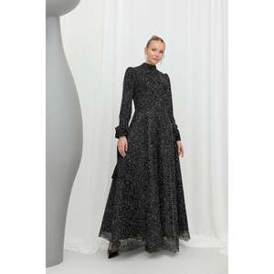 Robe de soirée élégante pour femme, col montant, taille empire, coupe trapèze, en organza, avec superposition transparente, longue robe bleu marine - Product Image 1