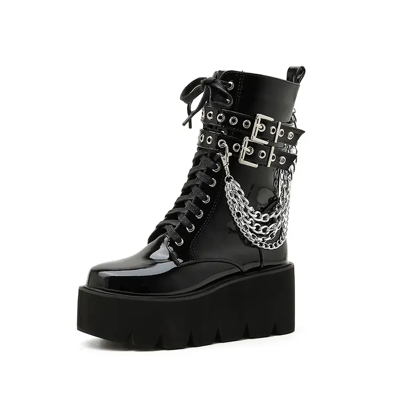 Wholesale Goth Boots Alternative Gothic for Women Punging Heel, Punged Bottom Studs, Patent Leather Chain