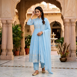 Light Blue Embroidered <b>Kurta</b> Set With Dupatta Traditional <b>Indian</b> Pakistani Women's Casual Wear Ankle-Length Regular Fit - Product Image 1