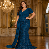 Robe de soirée sirène à sequins grande taille, col en V, manches courtes bouffantes, ceinture en mousseline, robe longue formelle pour bal de promo