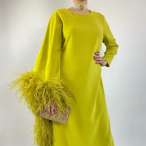 Muslim Dubai Araic Women Straight Evening Dresses Luxury Feathers Flare Long Sleeves Satin