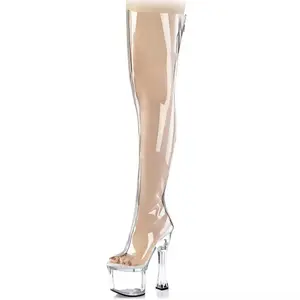 7 인치-18cm 파티 빅 사이즈 섹시한 페티쉬 스트립 폴 댄스 무릎 부츠 거친 뒤꿈치 투명 여성의 이국적인 댄서 부츠