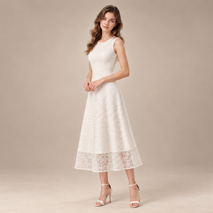 Vestido midi sin mangas de encaje floral para mujer, cuello redondo, corte en A, estilo acampanado, vestido de fiesta con dobladillo transparente - Product Image 4