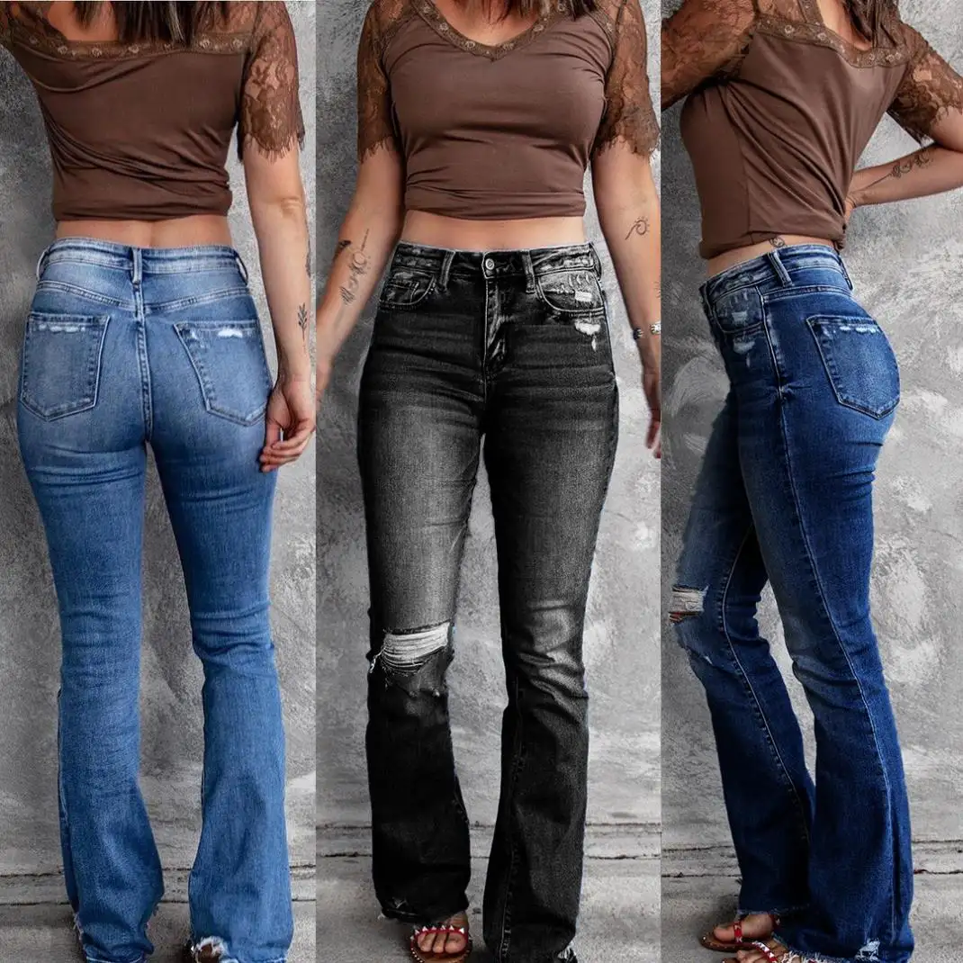 2022 Wholesale Women Elastic Stretch Long Jeans Ripped Solid Color Girls Street Trousers Little Flared Pants Casual Denim Jeans